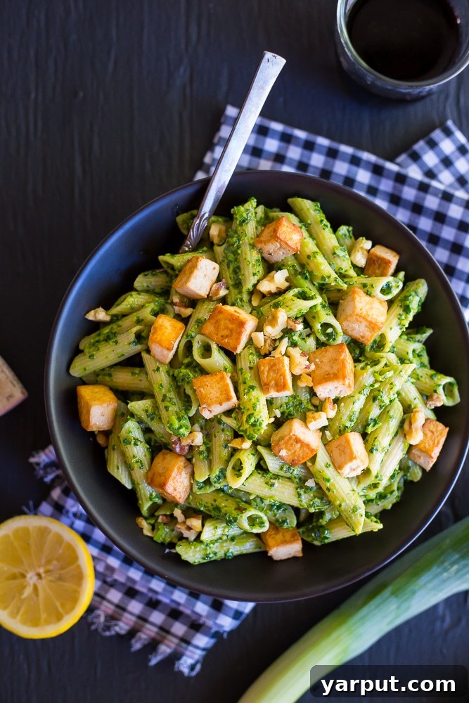 Kale and Leek Pesto Pasta with Tofu