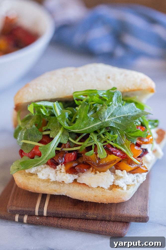 Effortless Week 6 Meal Planning 7 Gourmet Balsamic Sweet Pepper and Boursin Sandwiches on ciabatta rolls, a flavorful vegetarian option.
