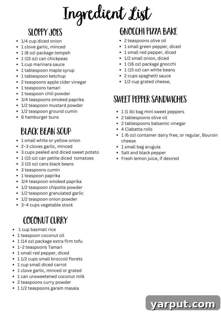 Effortless Week 6 Meal Planning 8 A printable grocery shopping list detailing ingredients for the quick, easy, and budget-friendly vegetarian meal plan.
