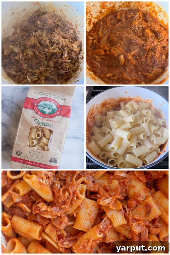 Hickory Smoked Jackfruit Rigatoni 4 showing how to make the smoky jackfruit pasta sauce with cooked rigatoni