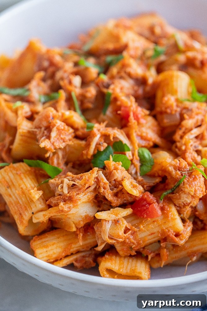 Hickory Smoked Jackfruit Rigatoni 5 close up of smoky jackfruit pasta recipe in a bowl