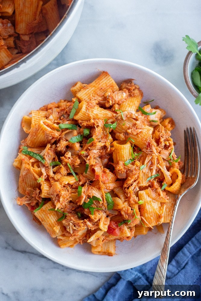 Hickory Smoked Jackfruit Rigatoni 6 vegan jackfruit pasta in a bowl for dinner