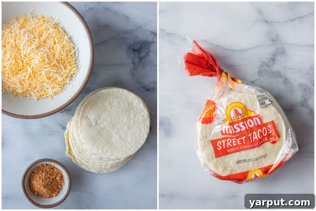 A vibrant display of the minimal ingredients required to craft these effortlessly delicious 3-ingredient cheese crisps: a stack of golden corn tortillas, a generous pile of freshly shredded cheese, and a small bowl of aromatic taco seasoning.