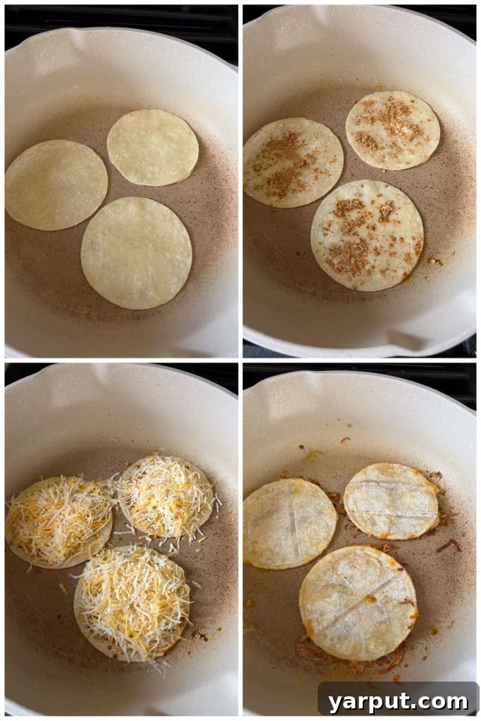 Step-by-step imagery showcasing the simplicity of making 3-ingredient cheese crisps on a hot frying pan. A tortilla is laid flat, then generously sprinkled with shredded cheese and taco seasoning, ready for the perfect crisp.