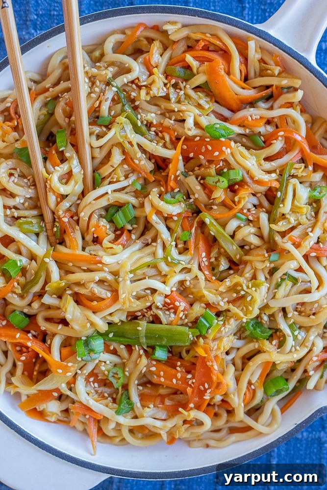 A large bowl of Noodles with Cabbage and Carrots, showing stir-fried vegetables mixed with long noodles, ready to eat.