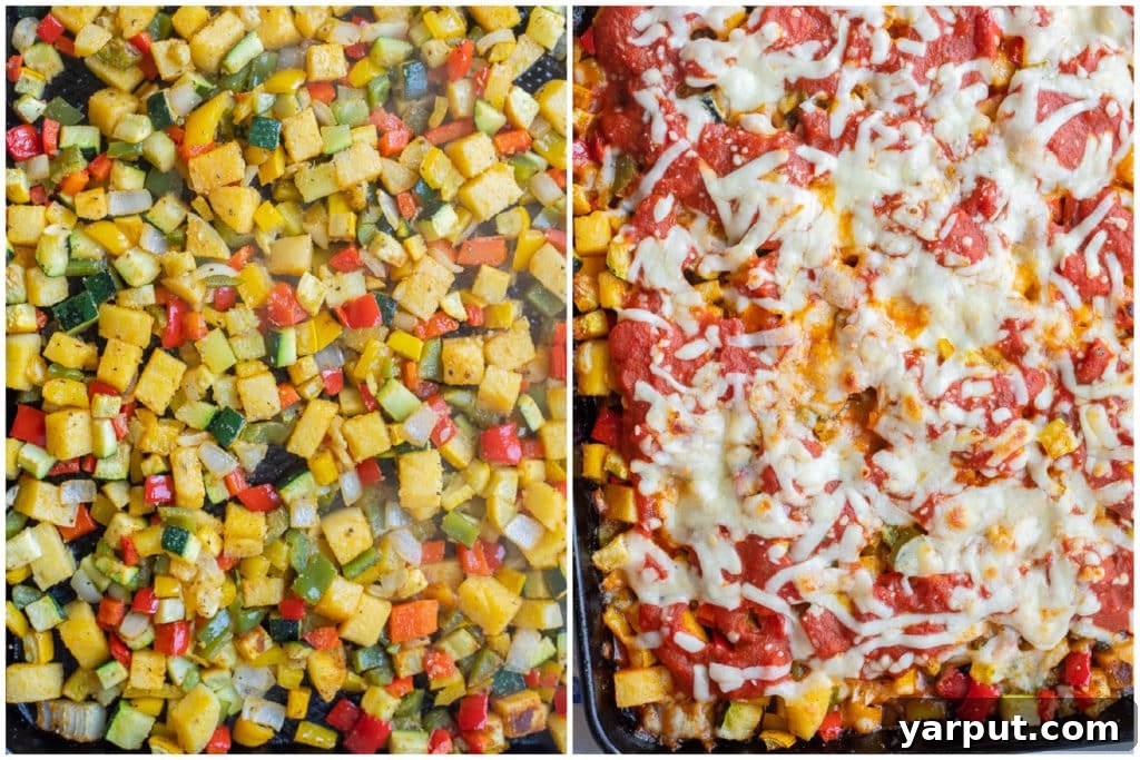 Oven-Roasted Polenta Garden Medley 4 before and after the polenta and vegetables have been baked