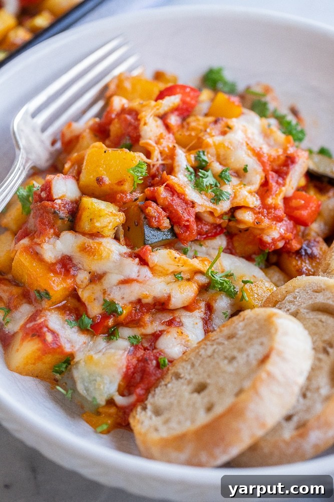 Oven-Roasted Polenta Garden Medley 6 close up of polenta pizza bake in a bowl