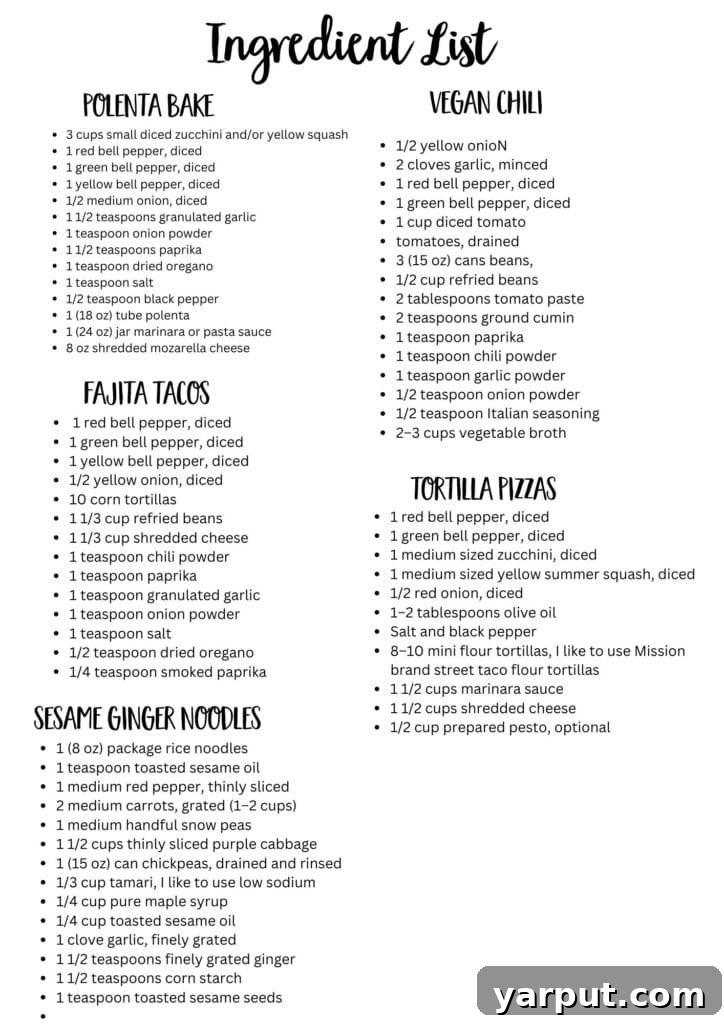 Quick and Easy Vegetarian Meal Plan - Week 8 8 Printable shopping list featuring all ingredients needed for the weekly budget-friendly vegetarian meal plan, organized for efficiency.