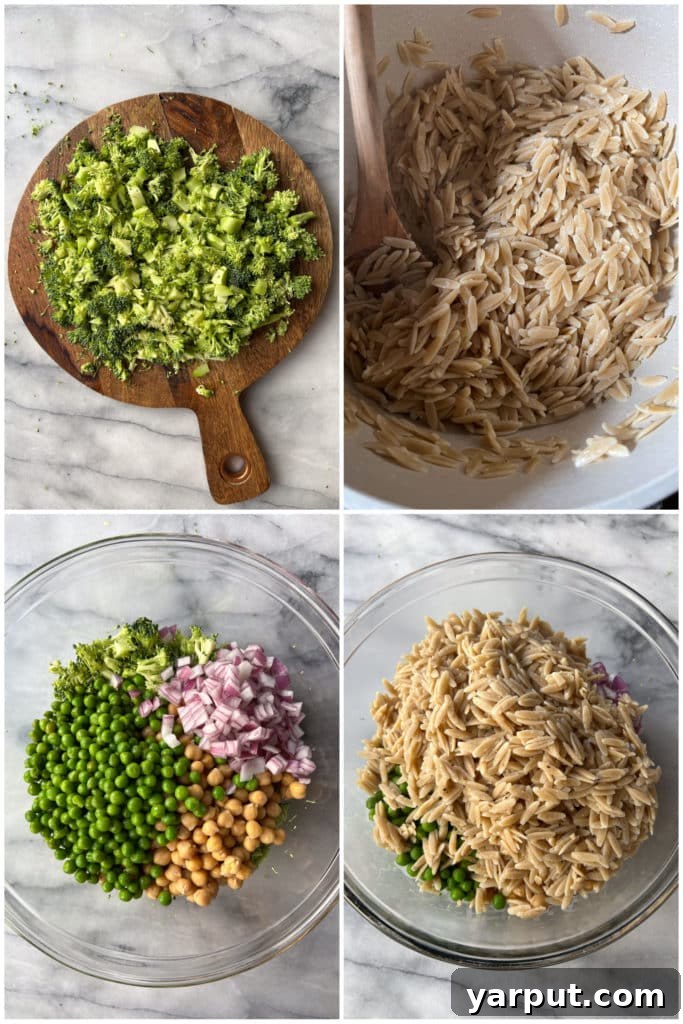 Bright Lemon Dill Orzo Broccoli Salad 3 Overhead shot of fresh ingredients for Lemon Dill Orzo Broccoli Salad pre-mix, showing chopped broccoli, chickpeas, peas, red onion, and cooked orzo in a large mixing bowl.