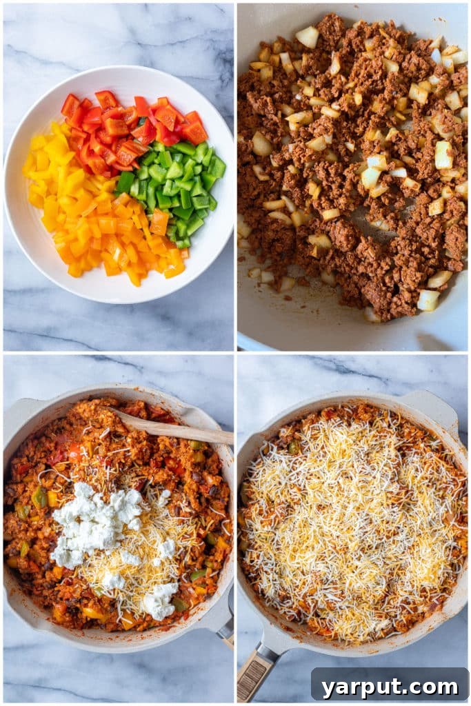 Step-by-step image showing how to make vegetarian unstuffed pepper casserole, ingredients being cooked in a large skillet.