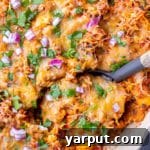 Vegetarian Stuffed Pepper Casserole with Soyrizo, garnished with fresh cilantro.