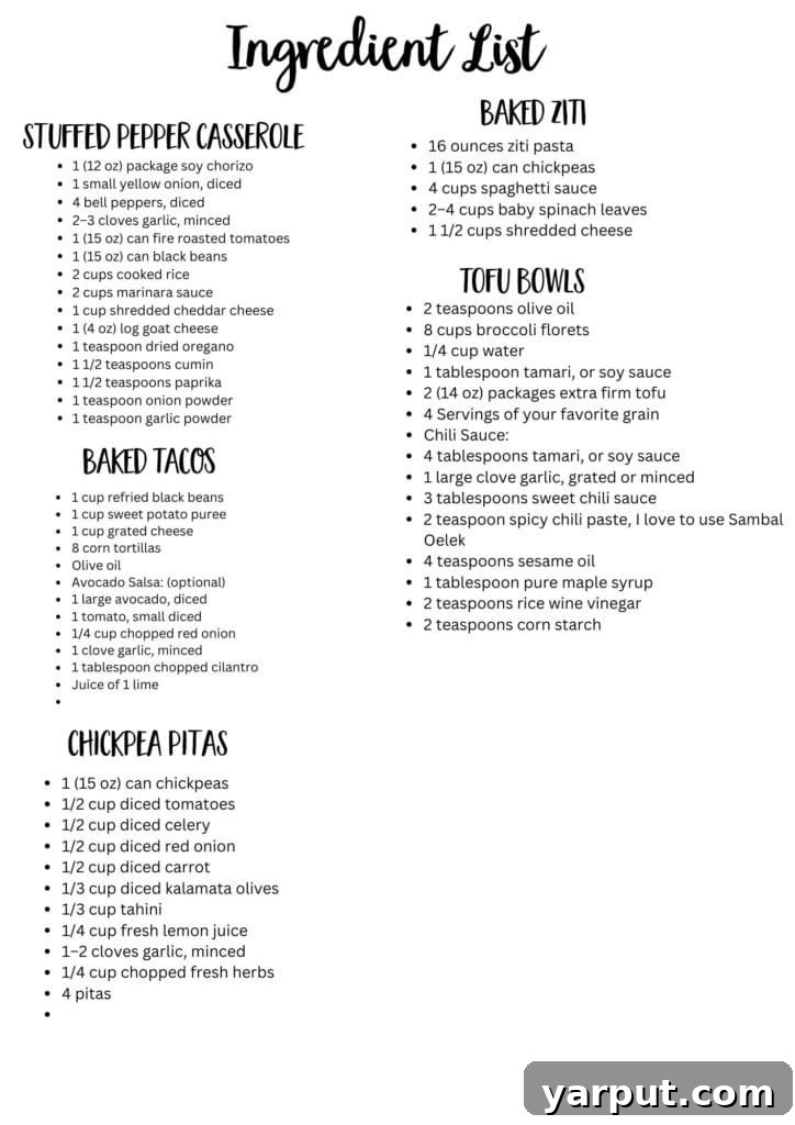 Wallet-Friendly Veggie Meals Week 10 Menu 8 Printable Shopping List for Weekly Vegetarian Meal Plan