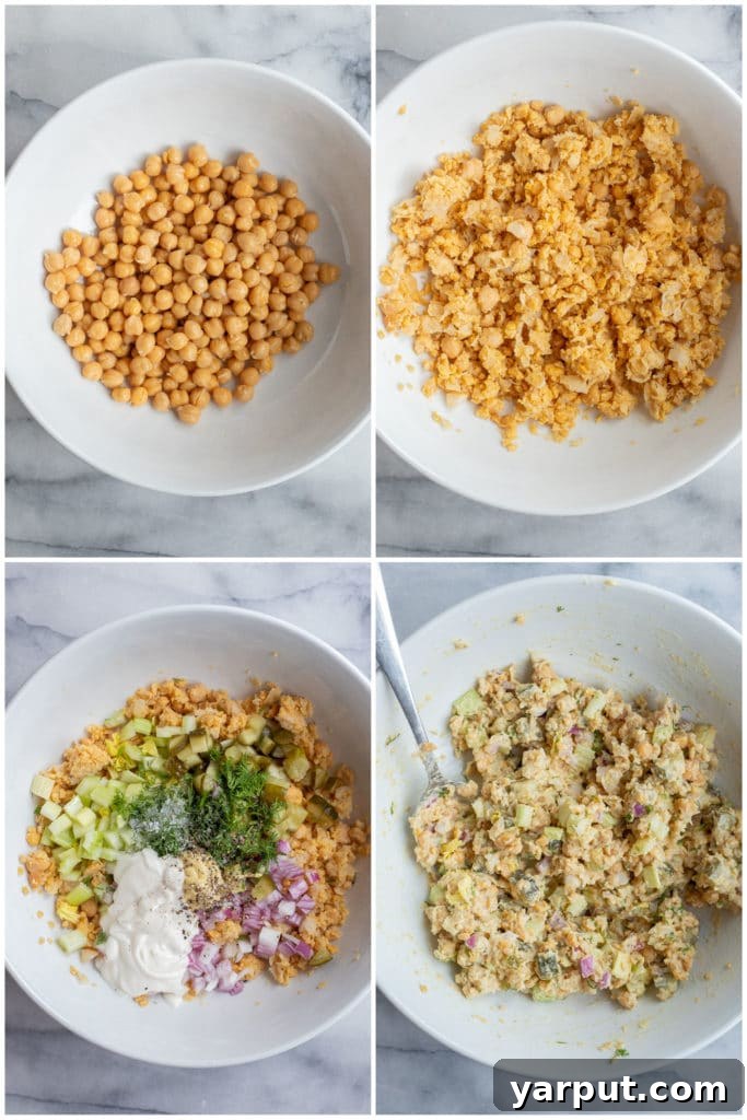 Step-by-step photos illustrating the process of preparing chickpea salad melts, from mashing chickpeas to assembling the sandwich.