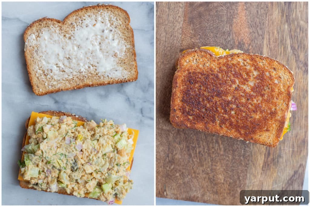 Before and after comparison of vegetarian tuna melts, showing uncooked sandwiches transforming into golden, melted perfection.