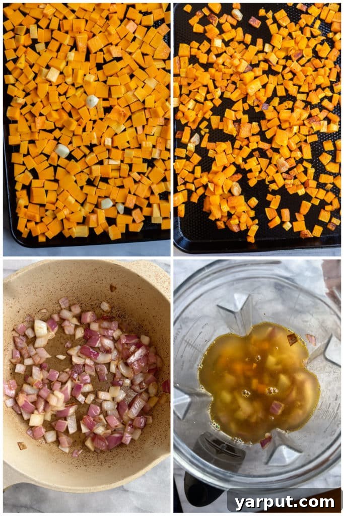 Golden Roasted Butternut Coconut Curry Soup 3 A step-by-step image illustrating the preparation of roasted butternut squash soup, showing diced squash on a baking sheet with garlic and onion.