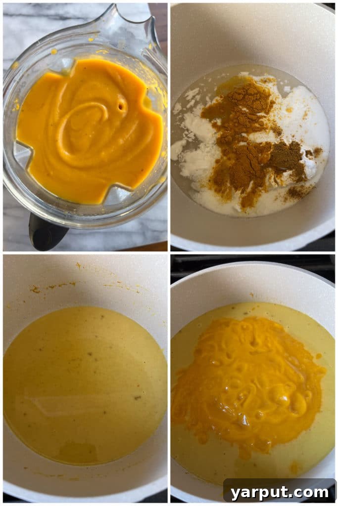 Golden Roasted Butternut Coconut Curry Soup 4 A collage of images showing the various steps involved in making the coconut curry roasted butternut squash soup, from roasting to blending.