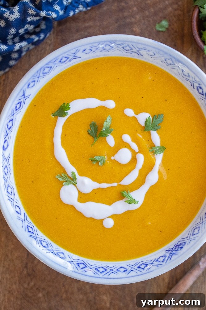 Golden Roasted Butternut Coconut Curry Soup 5 A close-up view of a cozy bowl of creamy butternut squash soup, highlighting its smooth texture and vibrant color.