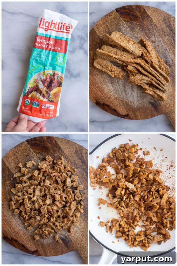 Smoky Plant-Powered Panzanella 3 showing how to prepare the smoky bacon flavored tempeh