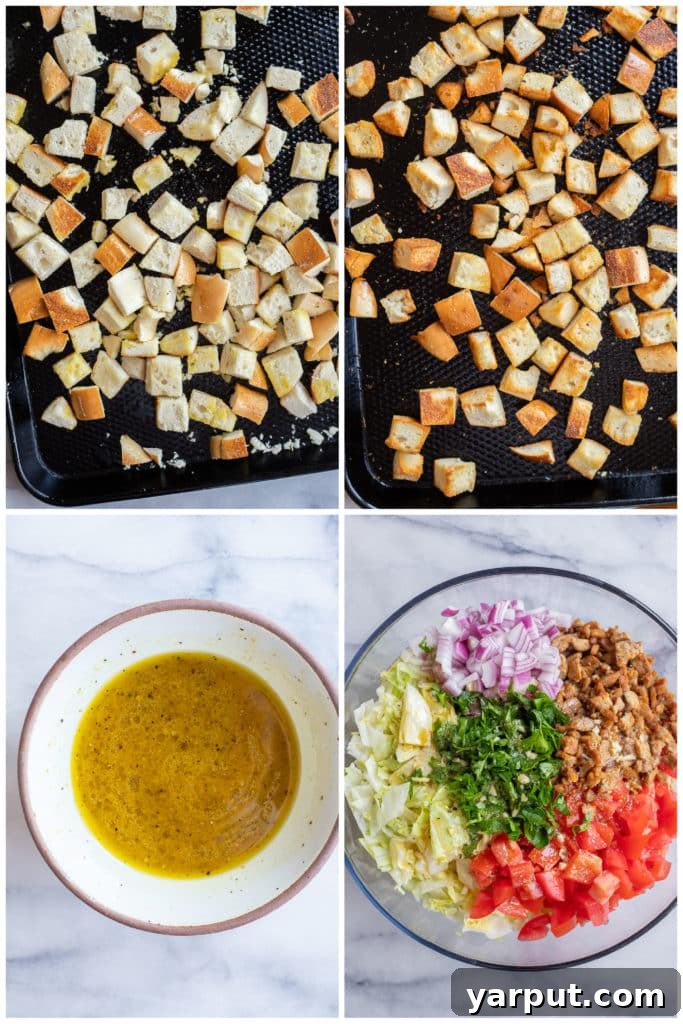 Smoky Plant-Powered Panzanella 4 showing how to make the crispy bread and salad dressing for this BLT Panzanella Salad