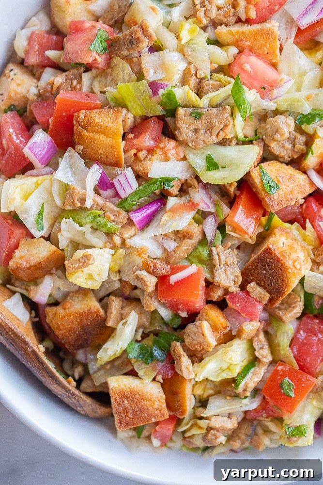 Smoky Plant-Powered Panzanella 5 Close up of vegan BLT Salad with Crispy Bread