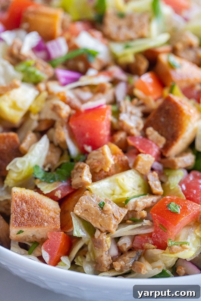 Smoky Plant-Powered Panzanella 6 close up of vegan BLT Panzanella in a serving bowl