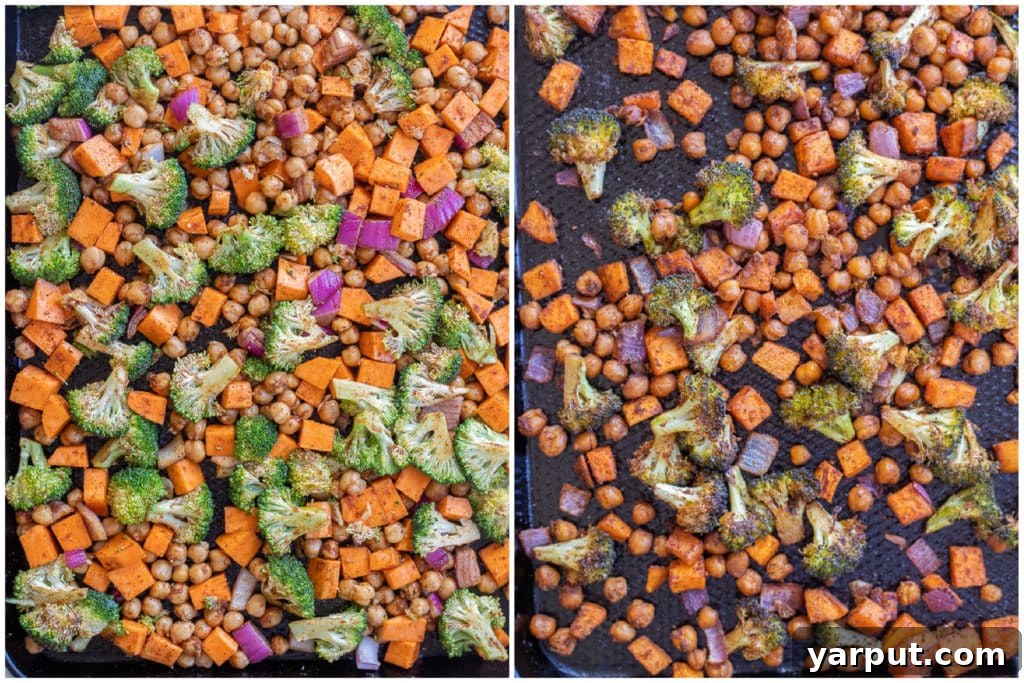 Vibrant Roasted Veggie Tacos with Emerald Tahini 3 A step-by-step image showing the process of preparing roasted sweet potato, broccoli, and chickpeas on a baking sheet before going into the oven.