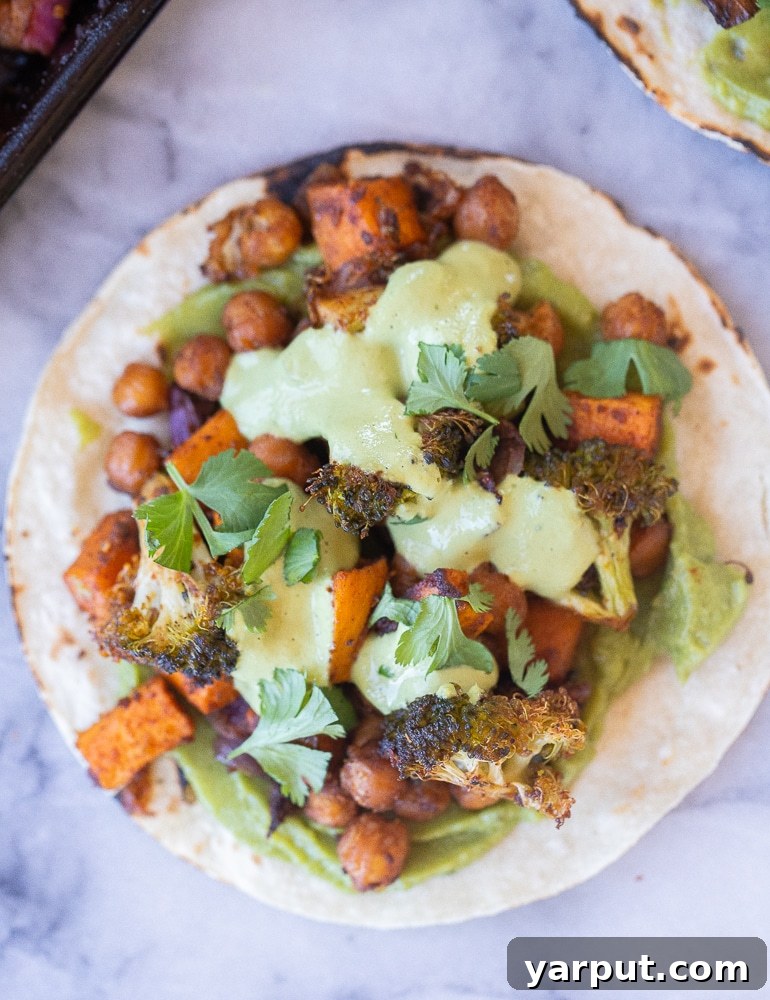Vibrant Roasted Veggie Tacos with Emerald Tahini 5 A close-up view of a perfectly assembled roasted sweet potato taco, generously drizzled with green tahini sauce and garnished with fresh cilantro.