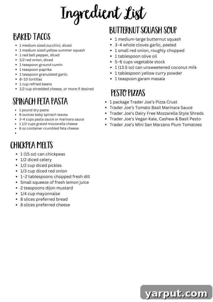 Frugal Feasts: Week 11 Meal Plan 8 A neatly organized printable grocery list for the weekly vegetarian meal plan.