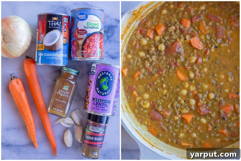 Creamy One-Pot Coconut Lentil Chickpea Curry 3 Ingredients for easy lentil chickpea coconut curry and a finished pot of the dish