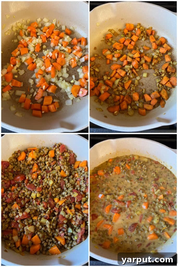 Creamy One-Pot Coconut Lentil Chickpea Curry 4 Steps on how to make an easy chickpea curry recipe