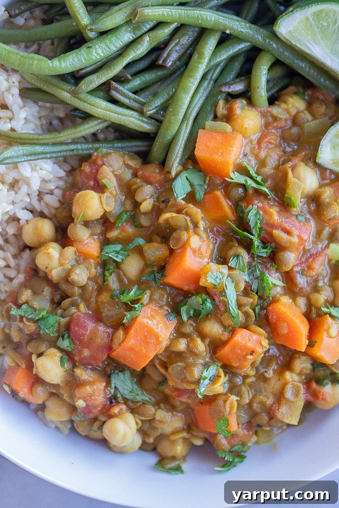Creamy One-Pot Coconut Lentil Chickpea Curry 5 Close-up of lentil chickpea coconut curry with carrots, chickpeas, rice, and green beans in a bowl