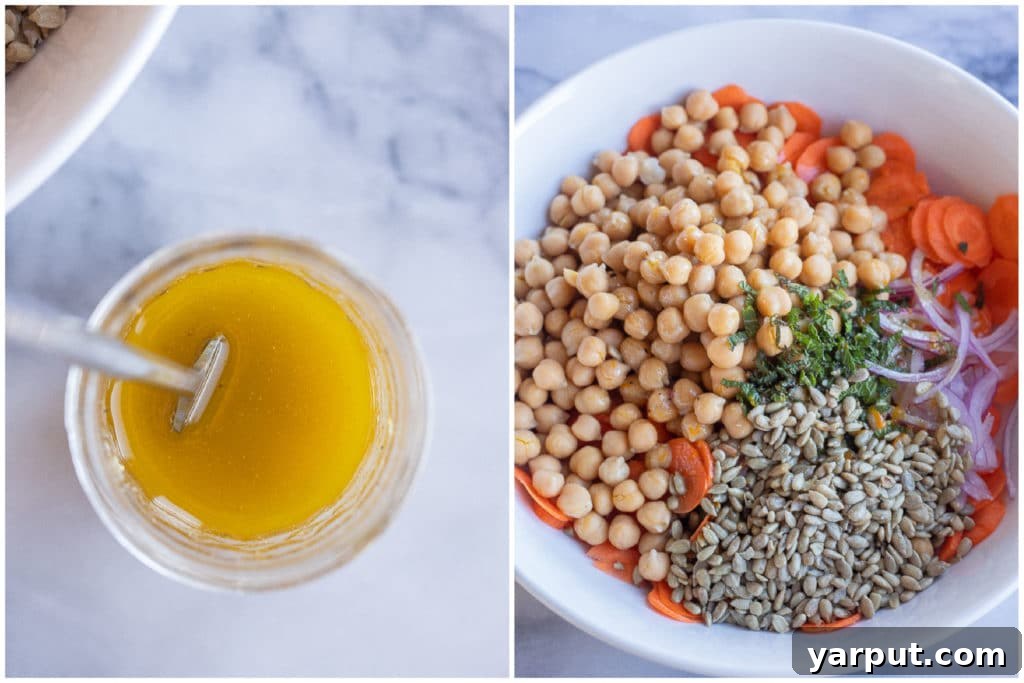Maple Orange Glazed Carrot & Chickpea Medley 4 orange maple dressing and all the carrot salad ingredients in a bowl