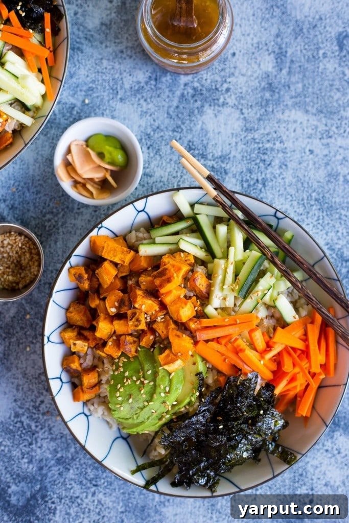 Affordable Vegetarian Meal Plan for Week 12 7 Colorful and inviting vegetarian sweet potato sushi bowls.