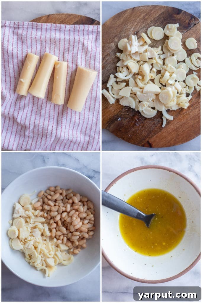 step-by-step image showing how to cut hearts of palm into thin discs for the salad