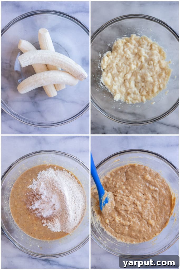 Ultimate Chocolate Chip Banana Bread Bars 3 A visual guide showing how to easily combine ingredients for banana bread bars in a single bowl.