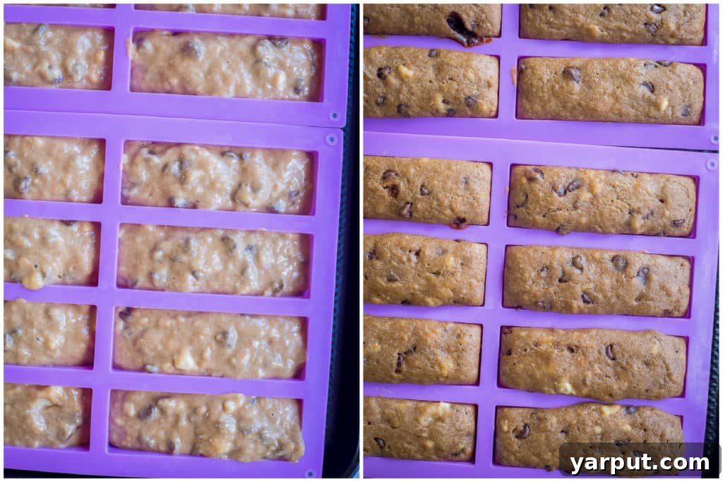 Ultimate Chocolate Chip Banana Bread Bars 4 Banana bread batter expertly scooped into a silicone granola bar mold, ready for baking.