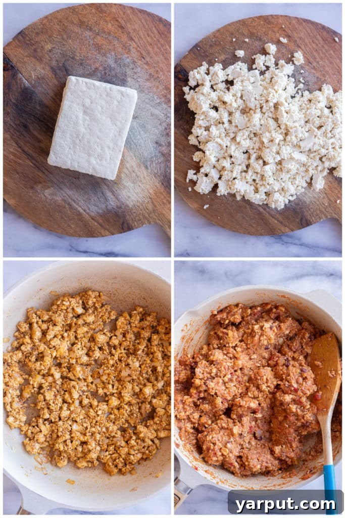 Zesty Veggie Taco Bake 3 Step-by-step image showing how to prepare the taco-flavored crumbled tofu mixture with sautéed onions in a skillet for the casserole.