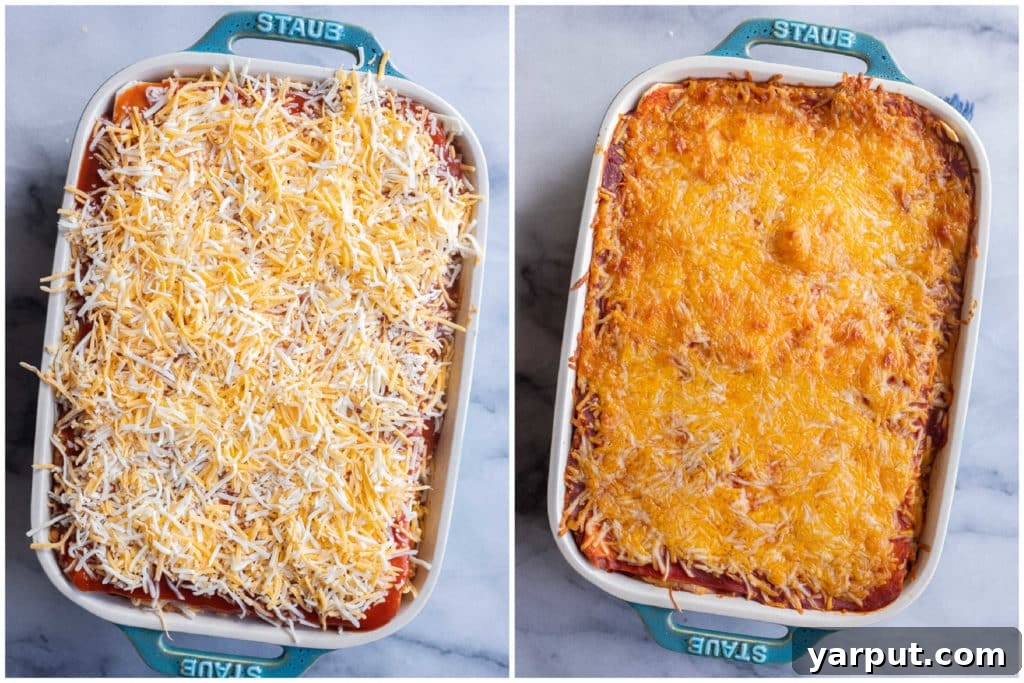 Zesty Veggie Taco Bake 4 A side-by-side comparison of the cheesy taco casserole before baking, showing distinct layers, and after baking, with golden melted cheese and bubbling edges.
