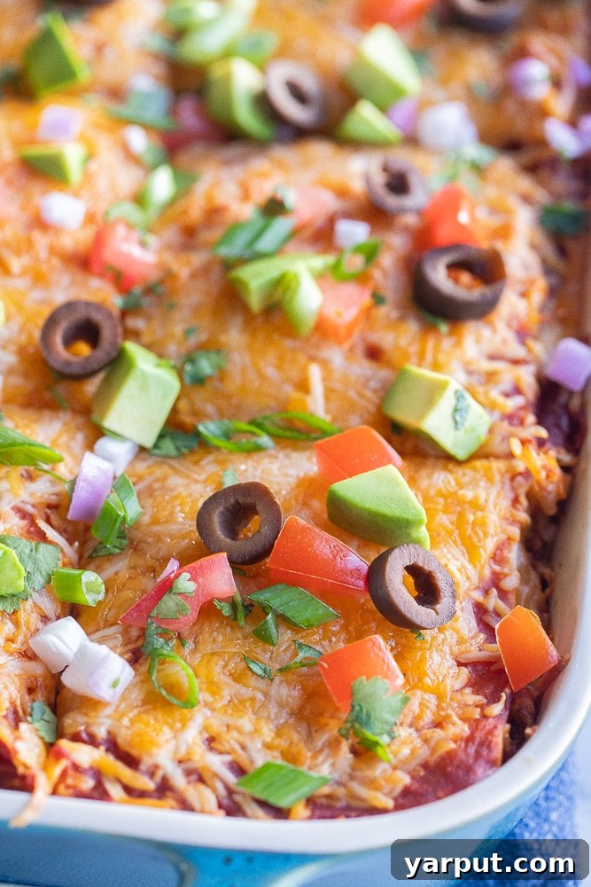 Zesty Veggie Taco Bake 6 A close-up view of the baked Vegetarian Soft Taco Casserole in the pan, showing the rich, melted cheese and flavorful layers, with a serving spoon poised.
