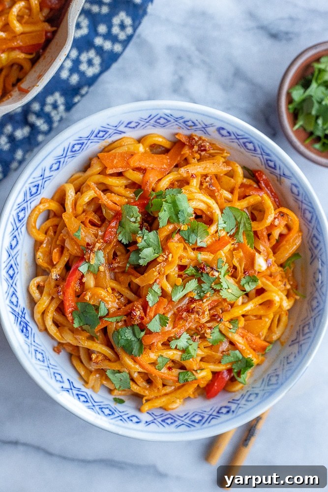 Affordable Plant-Based Feasts Week 13 5 A steaming bowl of Red Thai Curry Noodles, adorned with colorful vegetables and fresh herbs, showcasing the rich, creamy texture of the curry sauce.