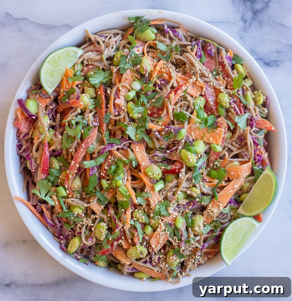Peanut Soba Noodle Power Bowl 4 Large serving bowl of cold peanut soba noodle salad with an abundance of fresh veggies