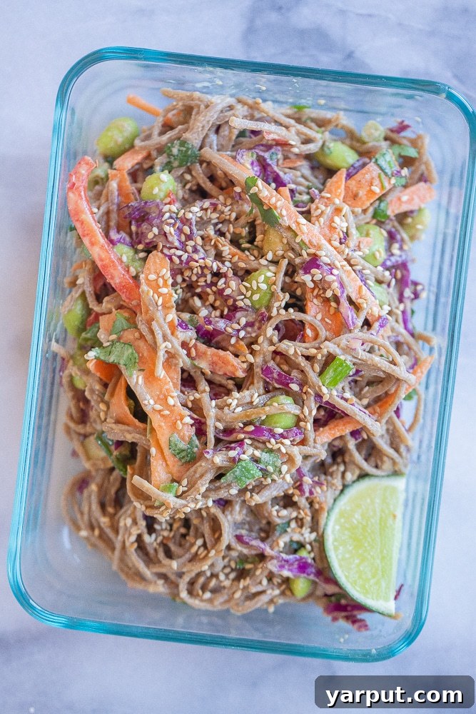 Peanut Soba Noodle Power Bowl 5 Soba noodle salad in a meal prep container, ready for lunch
