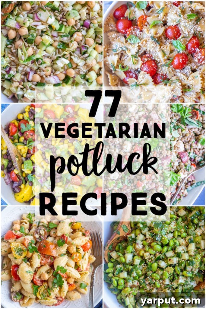 77 Effortless Vegetarian Potluck Delights 2 A beautiful spread of various vegetarian potluck dishes, including fresh salads, colorful dips, and hearty sides, ready for a summer gathering.