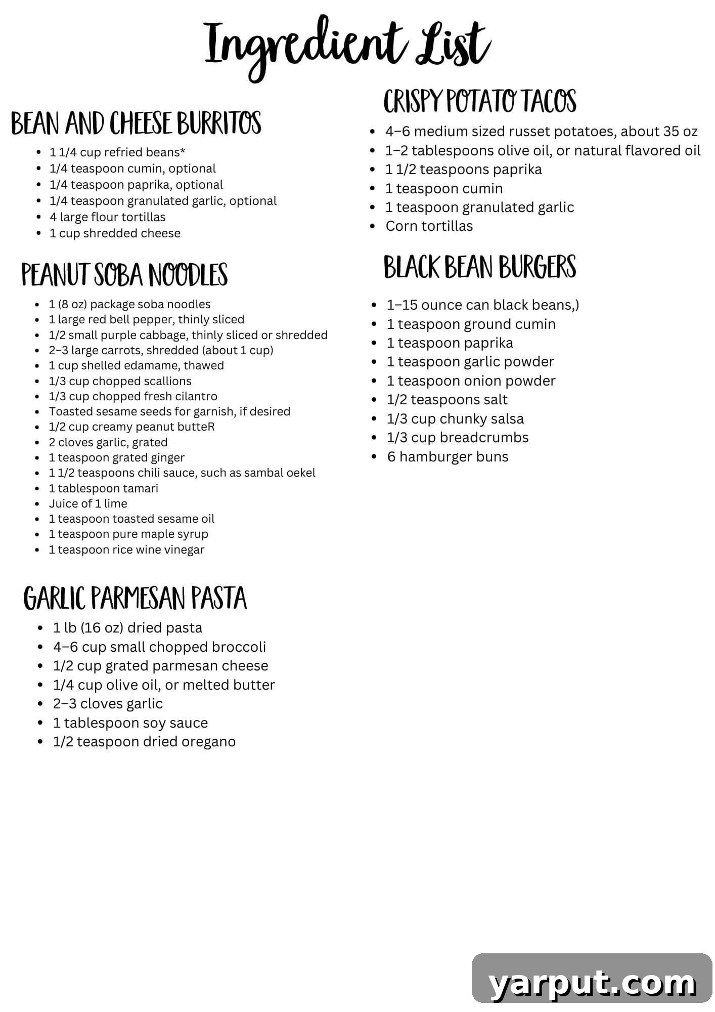 Printable weekly meal plan ingredient list for a budget-friendly vegetarian week.
