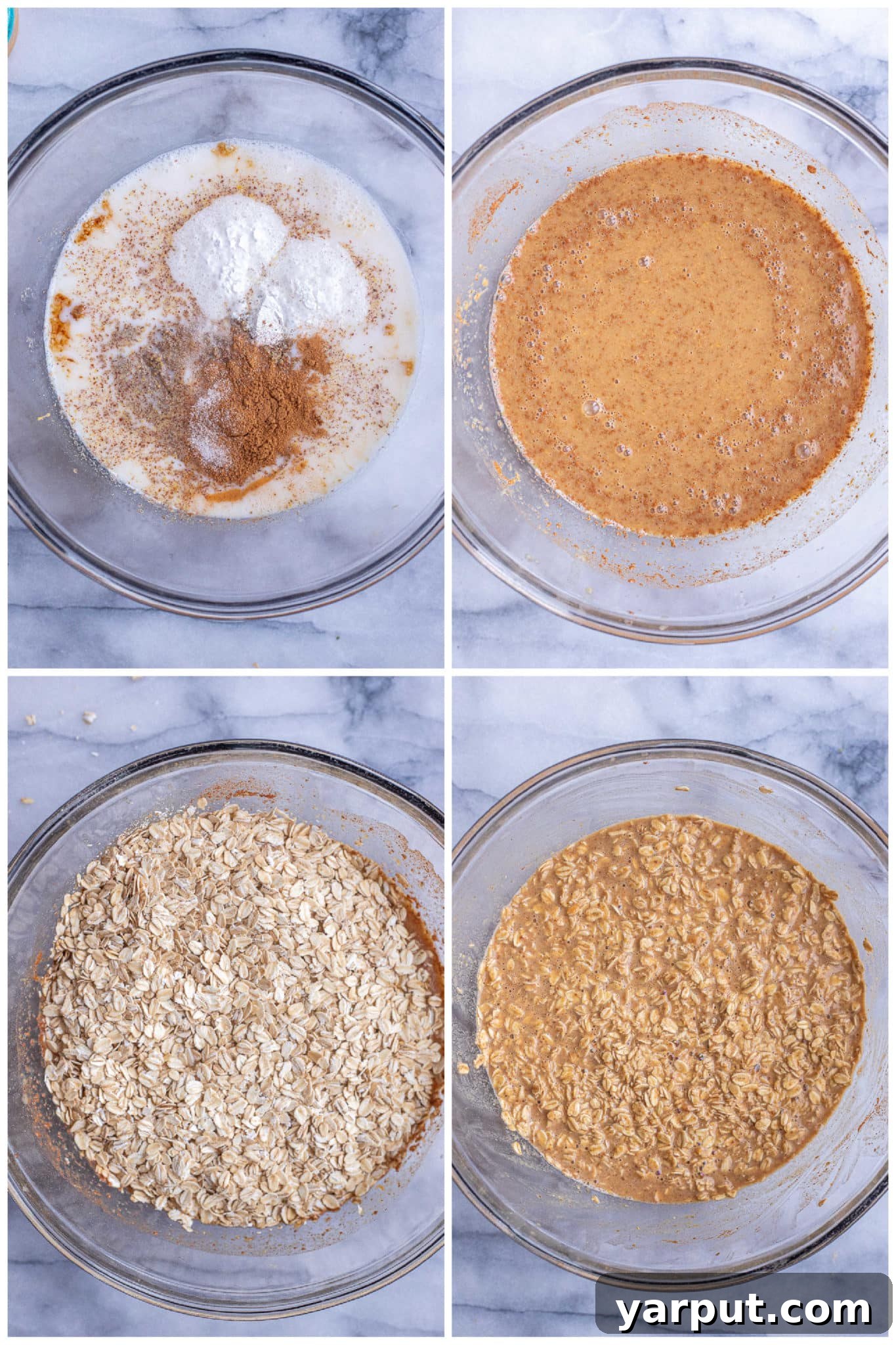 Step-by-step image showing how to easily combine all ingredients for peanut butter baked oatmeal cups in a single bowl.