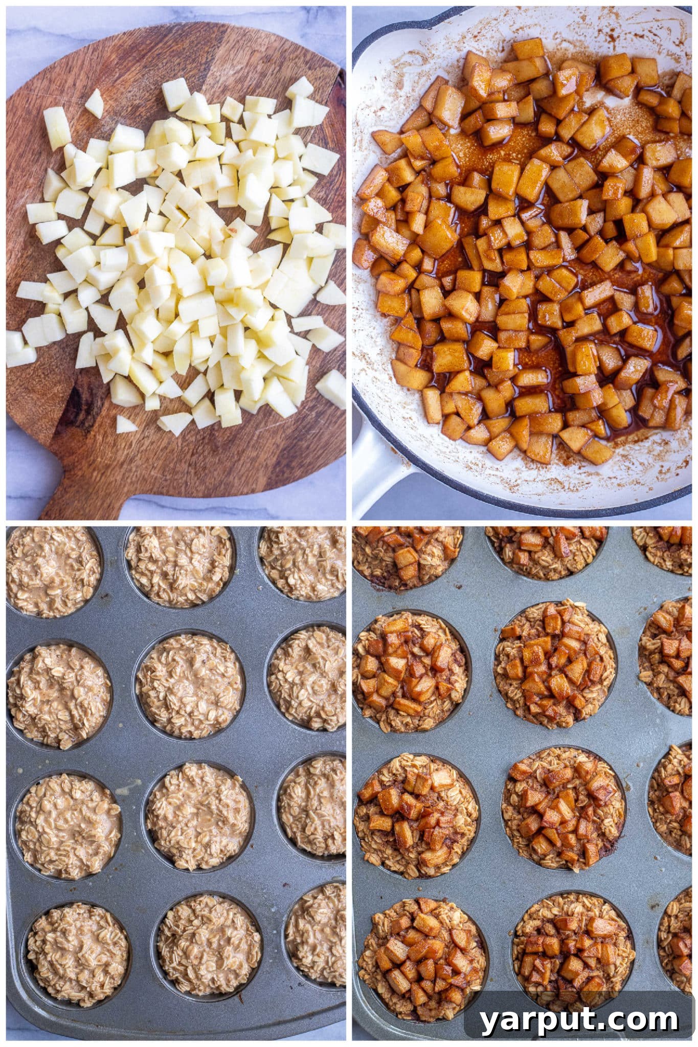 Hand sprinkling cinnamon over diced apples and butter in a pan, beginning the process of making caramelized apples for the baked oatmeal cups.