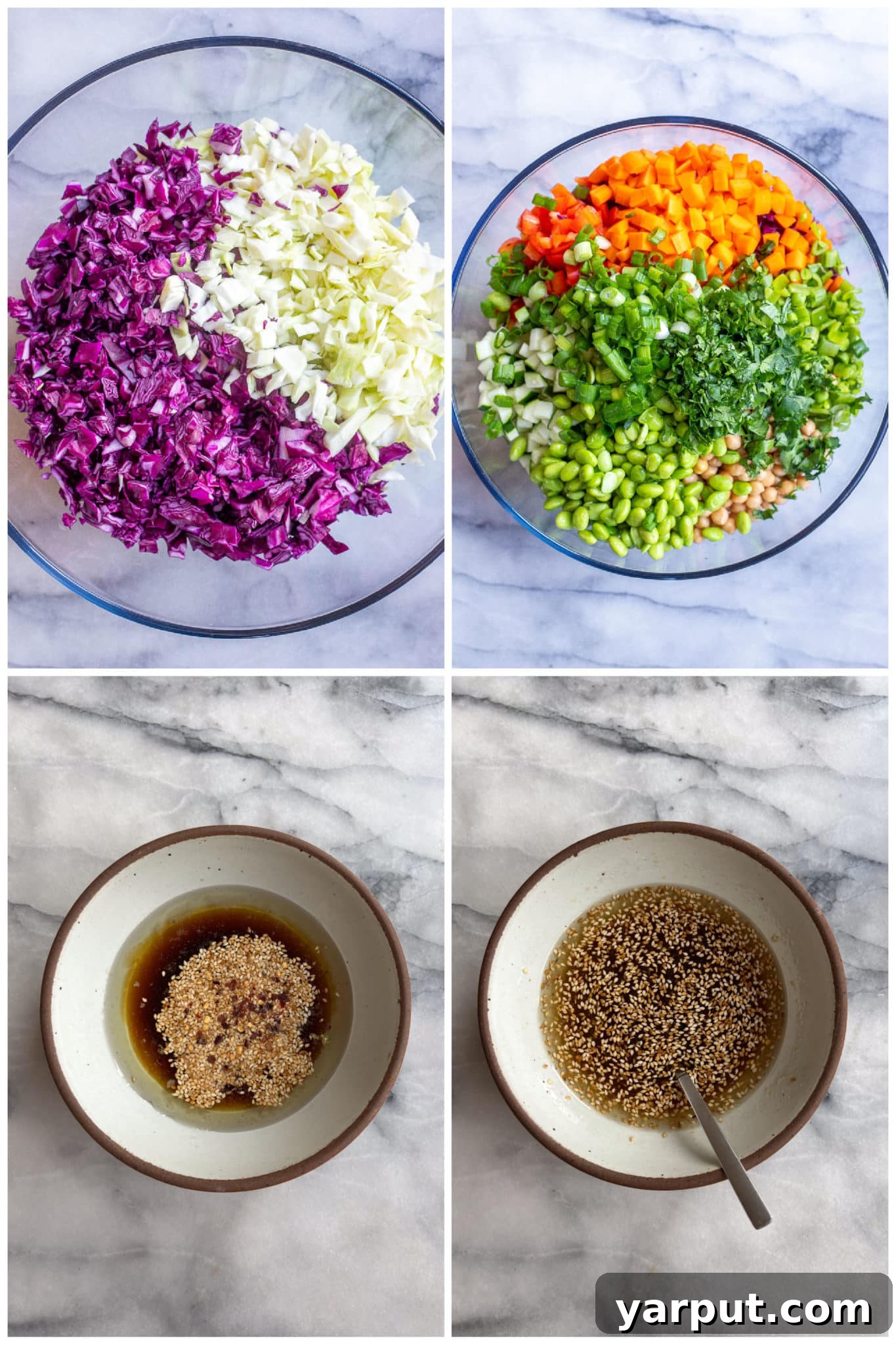Zesty Asian Cabbage Slaw 3 A step-by-step visual guide demonstrating the assembly of the best chopped salad, featuring an assortment of colorful, freshly chopped vegetables and a separate bowl of dressing.