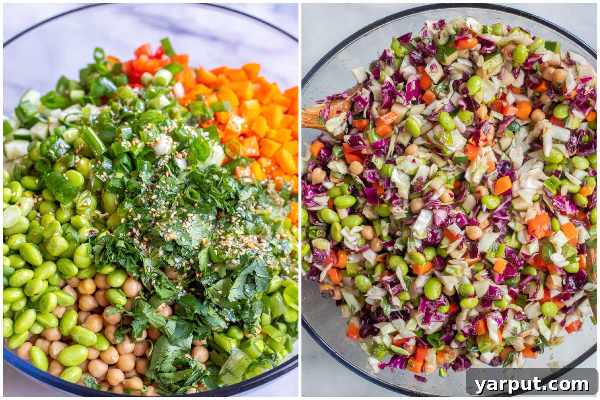Zesty Asian Cabbage Slaw 4 A large bowl filled with vibrant, mixed chopped Asian salad ingredients, garnished with toasted sesame seeds and fresh herbs, ready to be dressed.