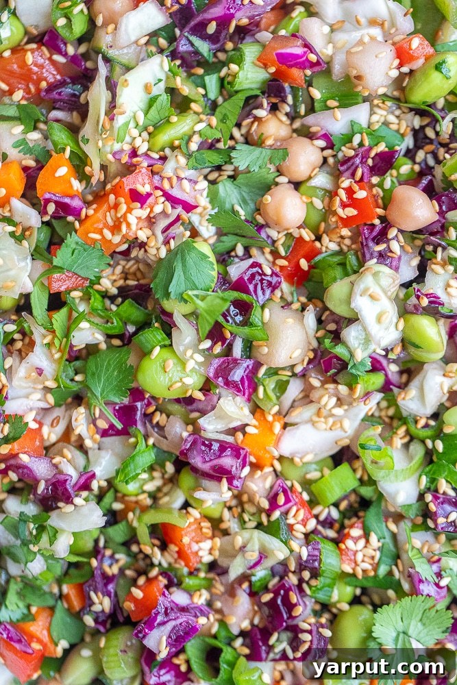 Zesty Asian Cabbage Slaw 6 A close-up view of the Asian Chopped Cabbage Salad, highlighting the texture and vibrant ingredients, finished with a generous sprinkle of toasted sesame seeds.