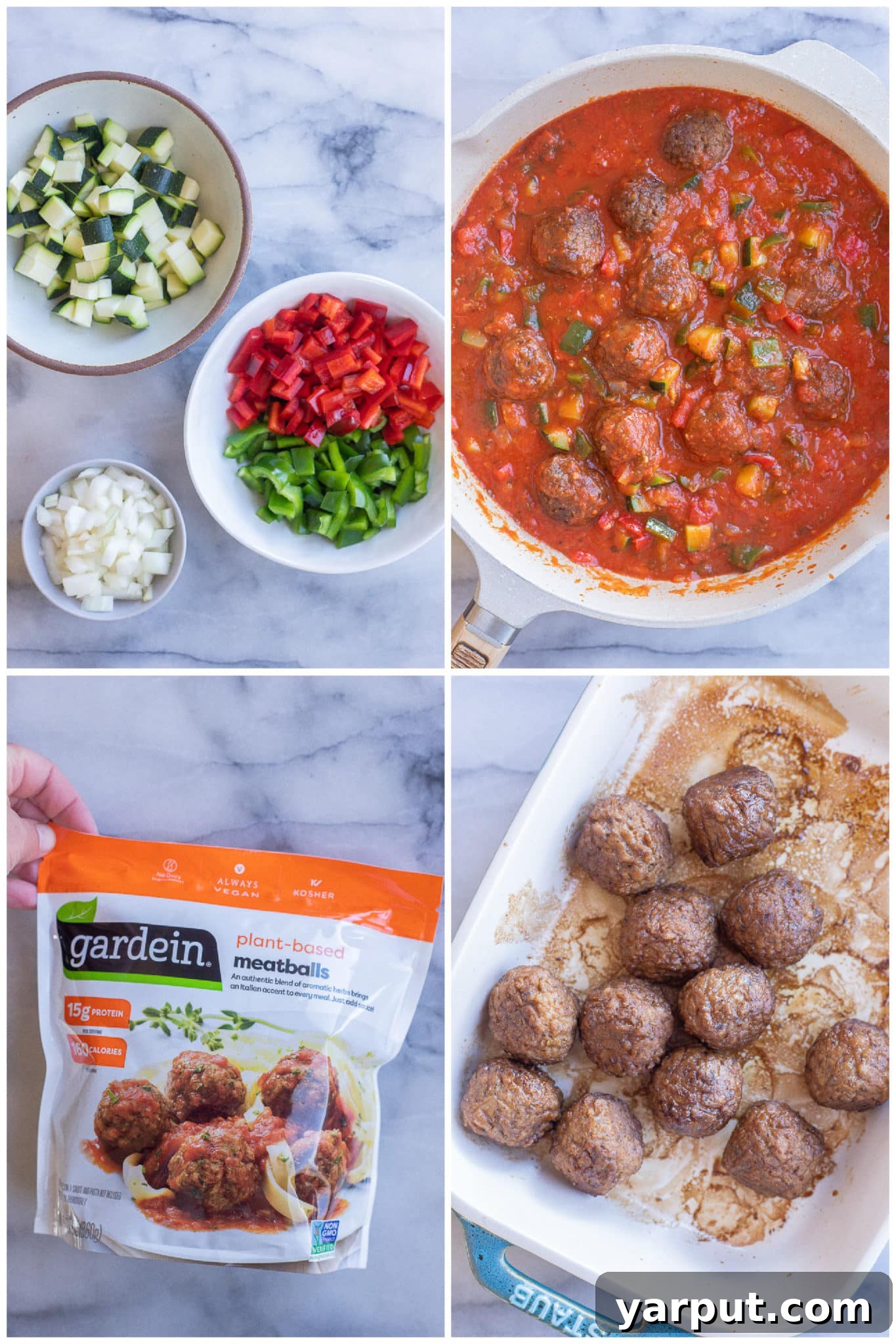 Hearty Plant-Based Meatball Subs 3 All the fresh ingredients laid out on a wooden board, including zucchini, bell peppers, onion, garlic, vegetarian meatballs, sub buns, marinara sauce, and mozzarella cheese.